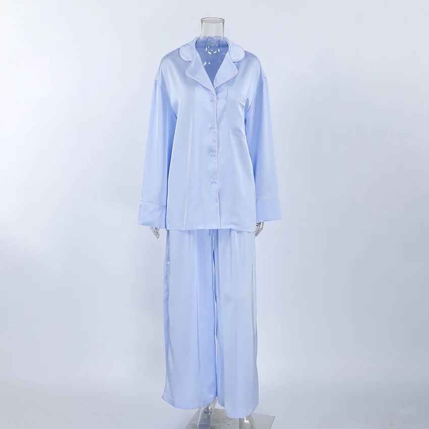 Women's Autumn Winter Soft Polyester Pajama Set Lapel Long Sleeve Shirt Loose Pants Casual Loungewear — detail