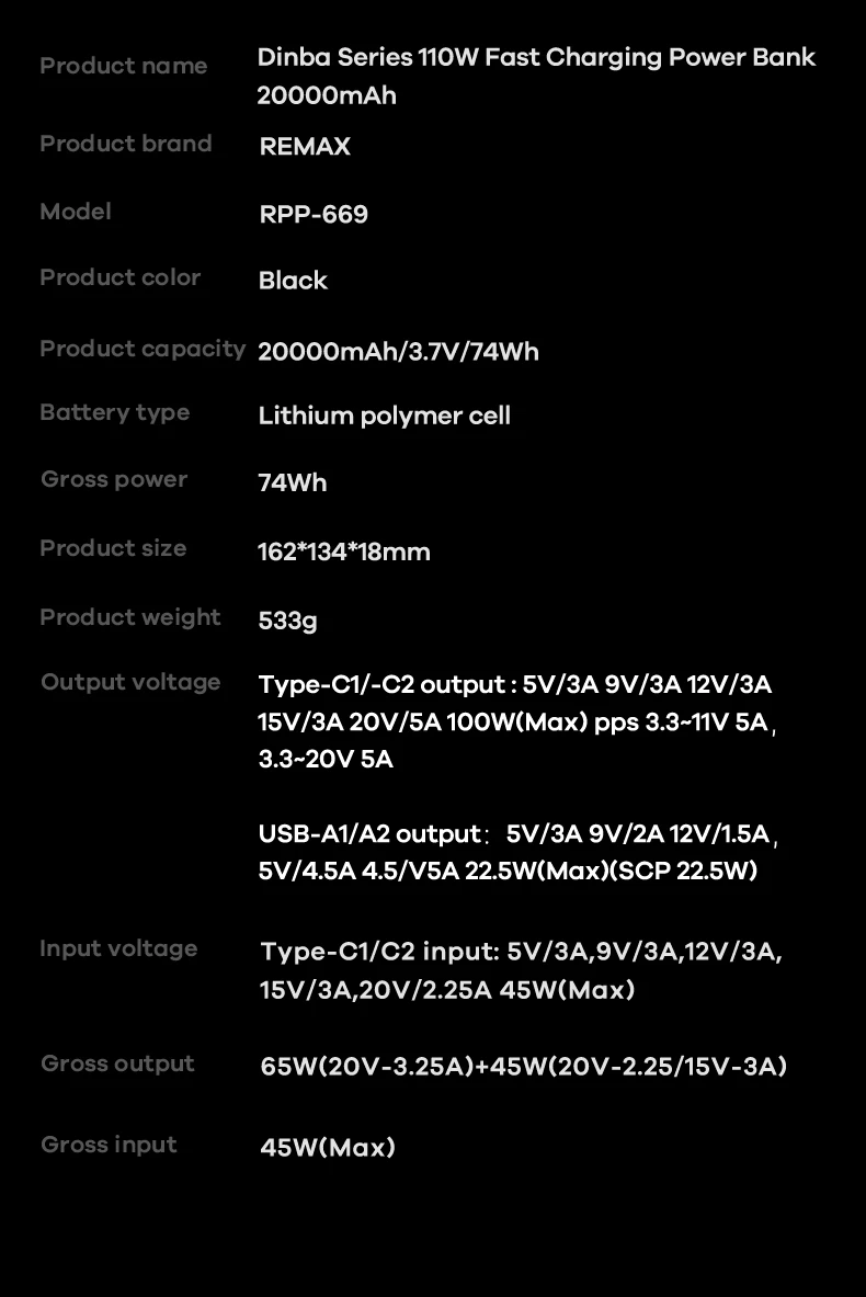 REMAX RPP-669 20000mAh 110W Mobile Phone Charger Portable External Battery Power Bank Fast Charging for iPhone Xiaomi Laptop