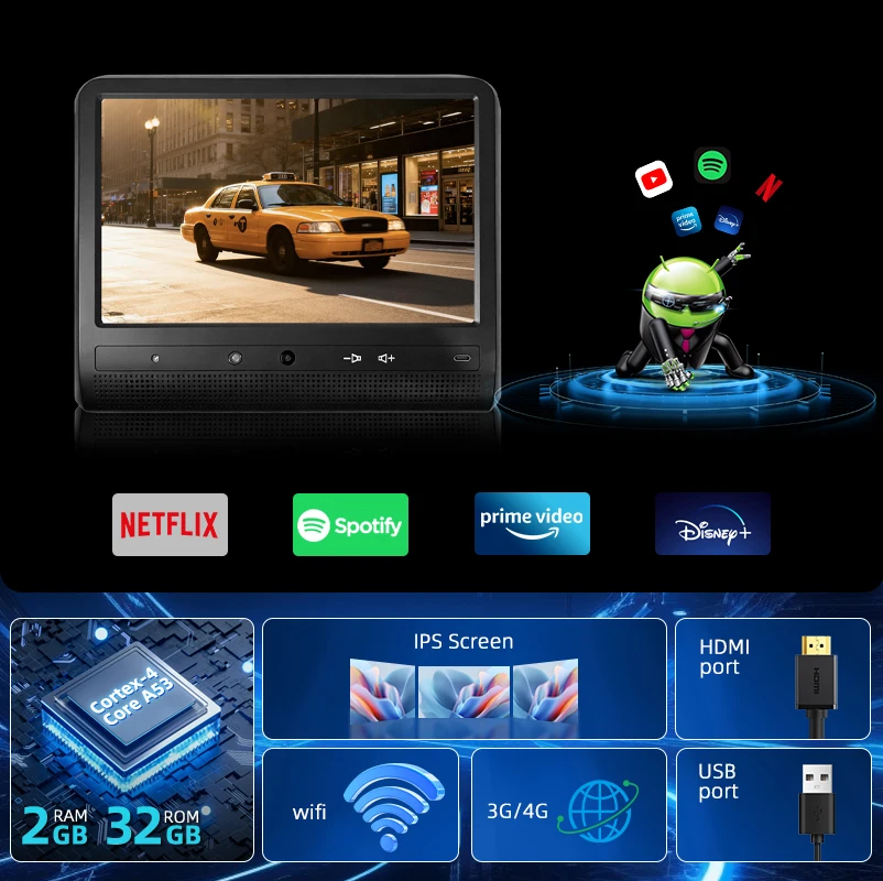 OEM Taxi Rear Seat Advertising Screen 10.1" HD Android Headrest Tablet Display 4G WIFI for Taxi Passenger Advertisement