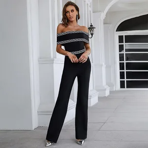 Factory Wholesale Hot Sale Spring Summer Fashion Wide Leg Slash Neck Elastic Knitted High-end Women Printed Jumpsuit