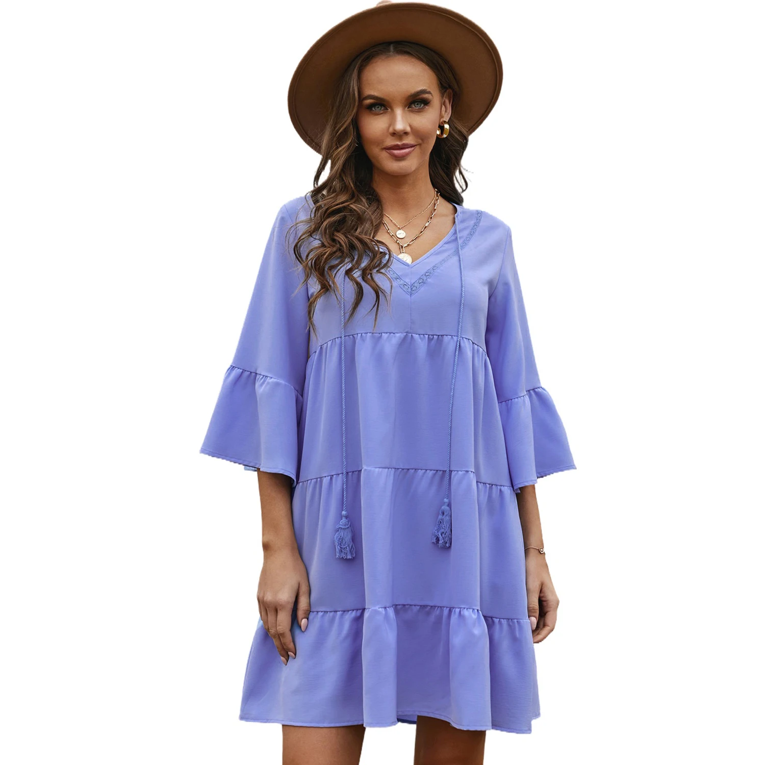 TWGONE Women Dresses Summer with Sleeves Ladies Scoop Neck Ruffle Print Chiffon Loose Dress