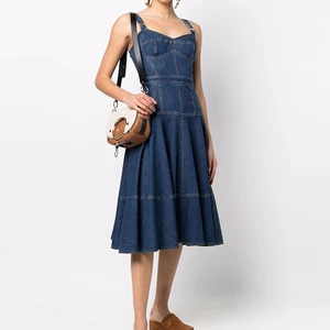 Custom High Quality Summer Sweet Solid Midi Jean Slip Dress Elegant Women Casual Denim Dresses