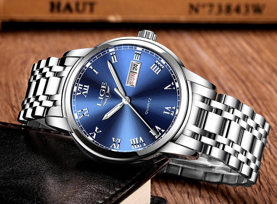 LIGE LG9846 Blue Dial 42mm Quartz Watch for Men Week Date Display Roman Numeral Luminous Luxury Wristwatch Male Calendar Watch