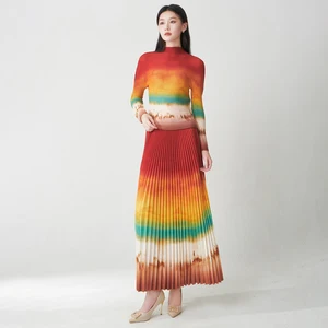 2025 Latest Design Miyake Pleated Two-piece Printed Loose Women's Elegant Set Casual Long-sleeved Top and Skirt Set