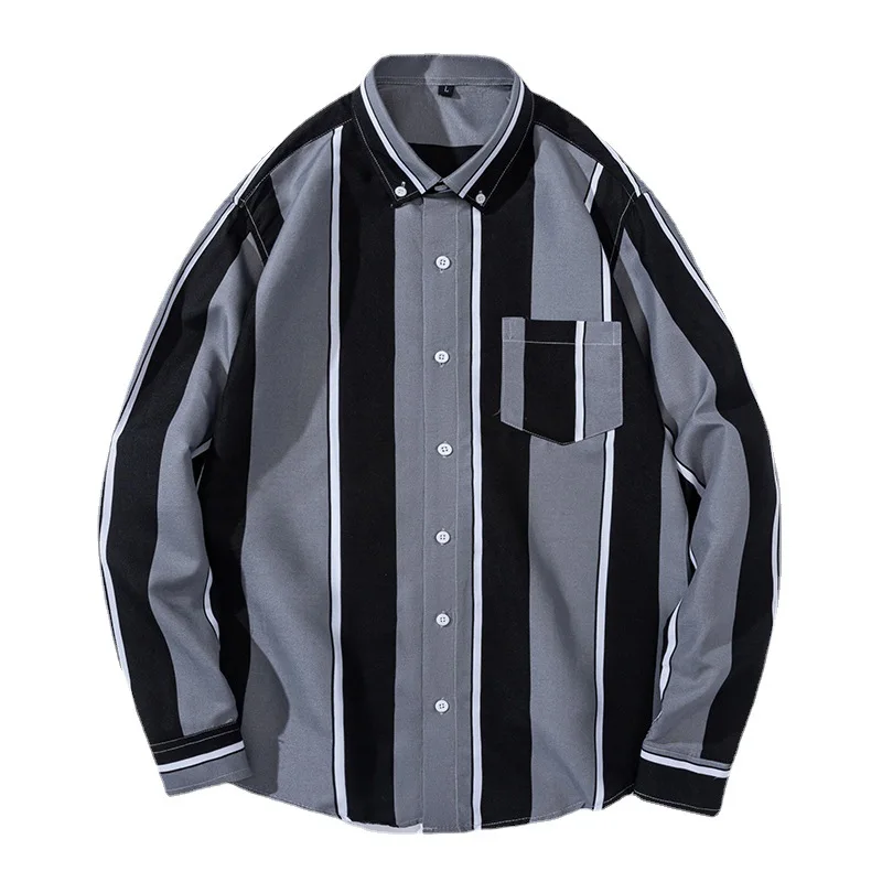 New Men's Plaid Long-sleeved Shirt Large Square Printed Striped Shirt ...