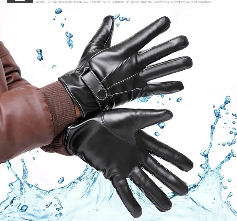 Зимние теплые перчатки из искусственной кожи с подкладкой Мужские кожаные сенсорным экраном текстовые для вождения на открытом воздухе меховые