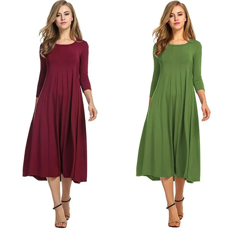 Women Fashion Ebay Round Neck Mid-sleeve Solid Color Big Swing Women Casual  Dress - Buy Round Neck Sleeves Dress,Solid Color Dress,Women Big Dress  Product on Alibaba.com
