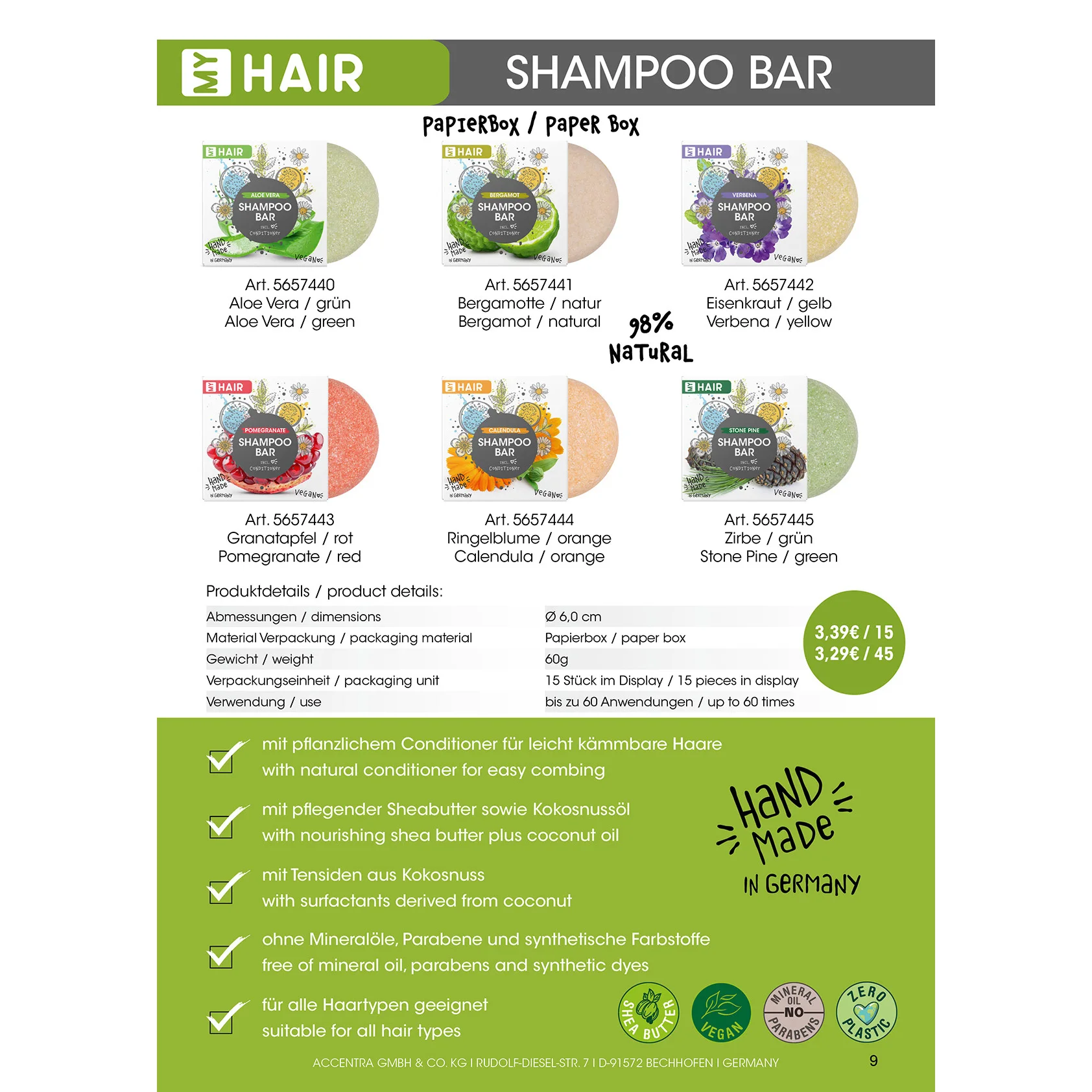 MY HAIR Solid Shampoo with Swiss Pine Nourishing Hair Product High Quality Handmade Shampoo Bar In Paper Box 60G Made In Germany