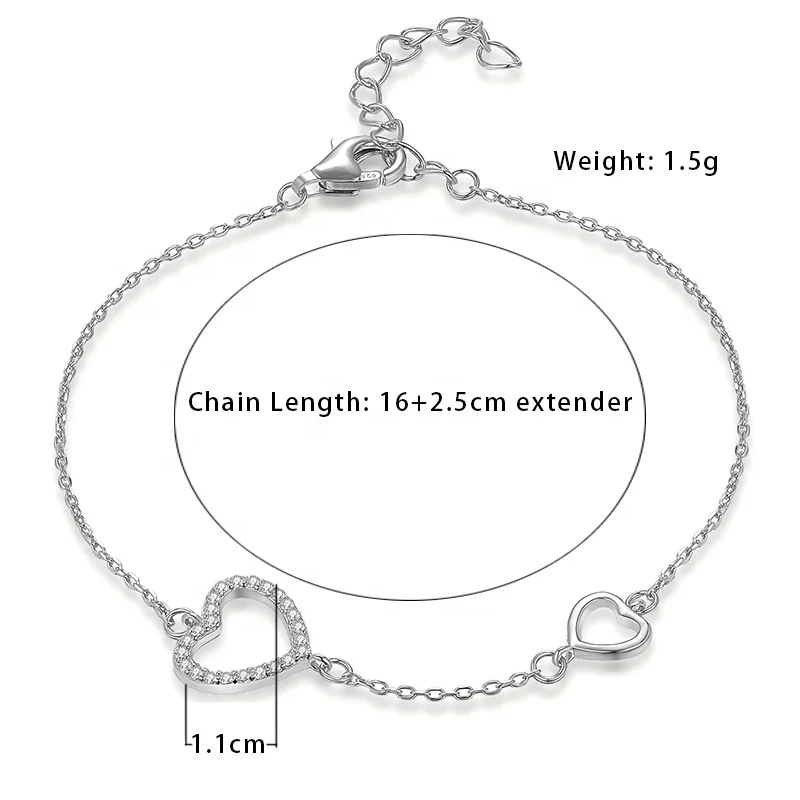 Bracelet chain necklace heart on sale silver 925 test 2.57 grams length 20.5 cm.