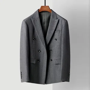 Men's Suit Striped Dark Grey Slim Business Peaked Lapel Double Breasted Center Vent High Quality Suit Jacket for Men