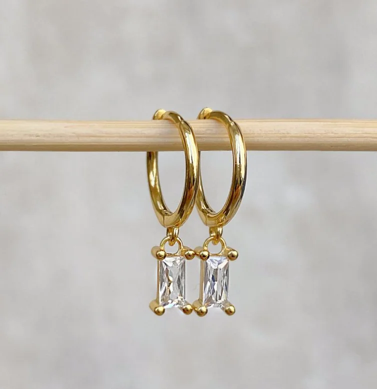 Vintage Style Earrings Hoop Bezel Jewelry Emerald Baguette Hoop Earrings Small Green Stone Crystal Gold Earring for Women