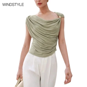 Solid Color Satin Female Top with Simple Personality Waist Slim Sleeveless Diagonal Collar Short Length Breathable Design