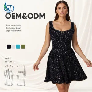 Women's Summer Casual Lightweight Dress with Printed Camisoles and Round Neck Pleats Above the Knee