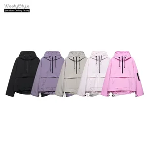 European American Style Women's Solid Front Logo Windproof Fleece Winter Hooded Stand Collar Woven Leisure Sports Jacket