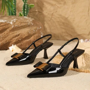 Women's Summer Black Artificial Leather Pointed Toe High Heel Sandals Sexy Height Increasing for Outdoor Use Heeled Sandals