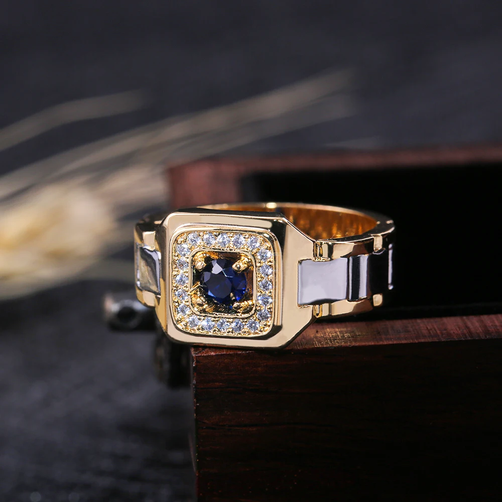 Huitan Latest Launch Mens Silver Gold Square Ring Royal Blue Zircon Stone  Male Luxury Gold Men Ring Jewelry