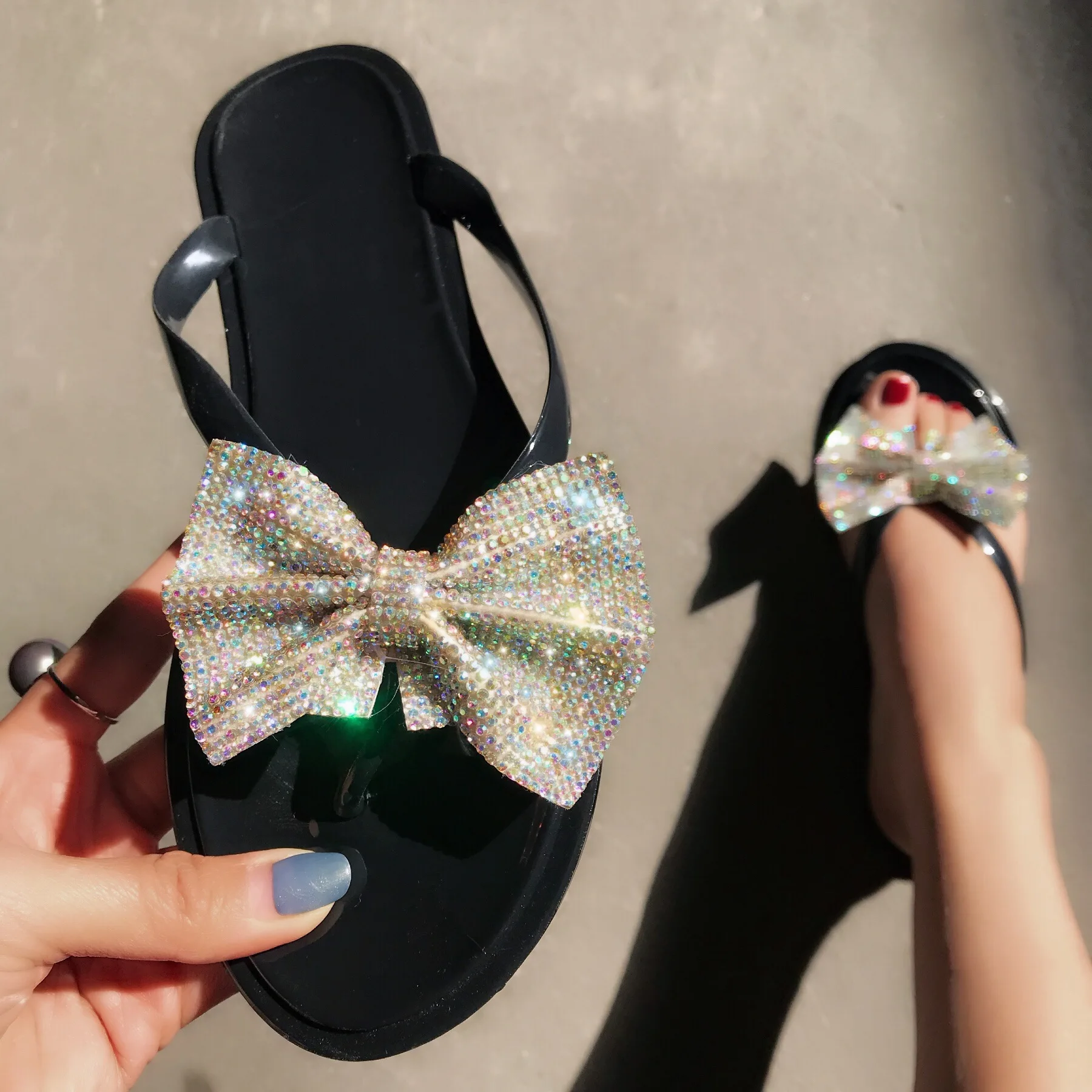 Rhinestone Bow Tie Jelly Sandals S580 Sexy Bright Diamond Bow