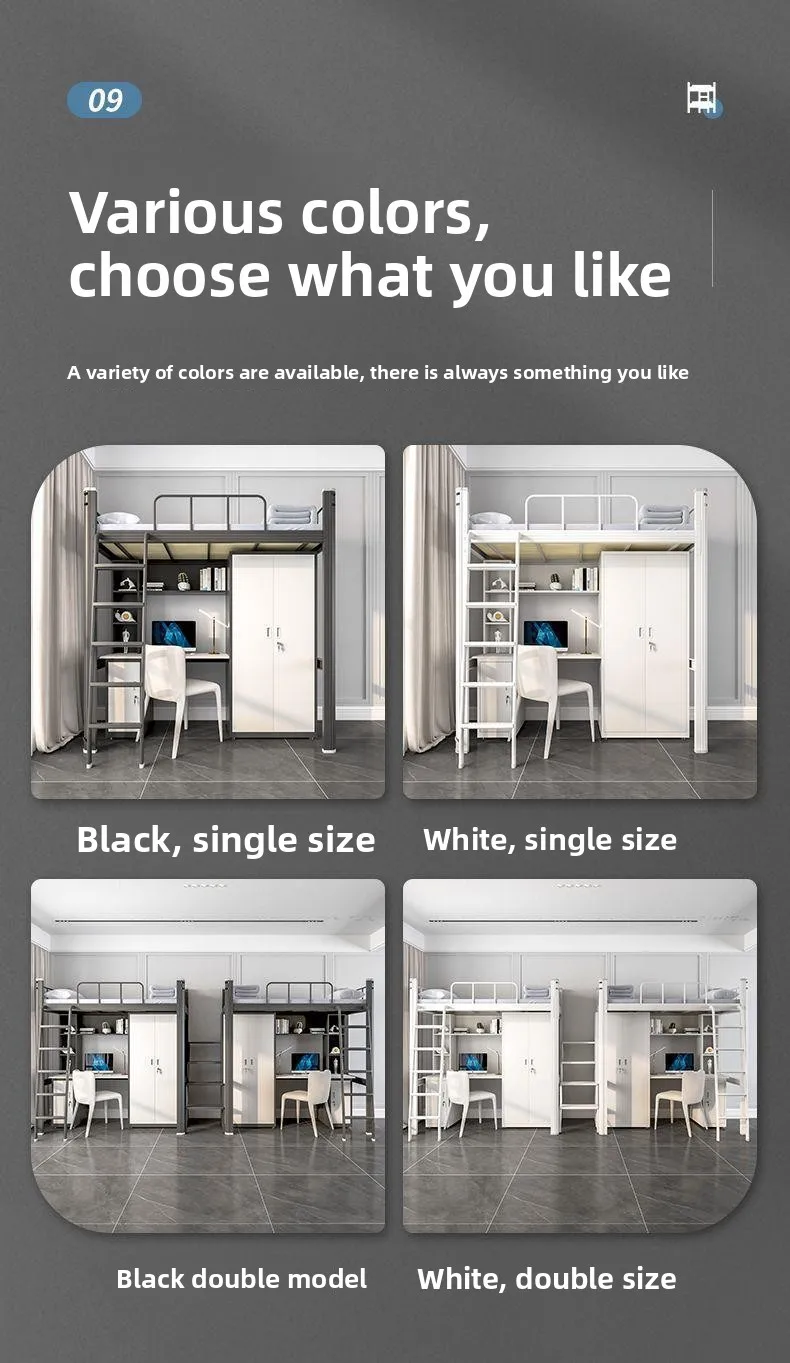 product factory wholesale metal dormitory bed with upper bed and lower desk frame for college student use school bunk bed desk-5