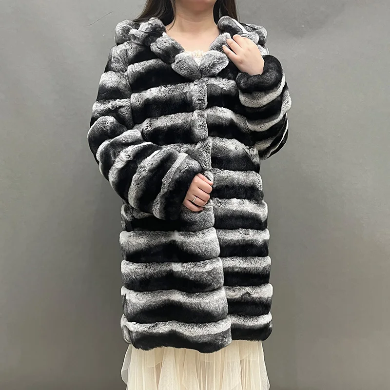 Hooded Long Rex Rabbit Fur Coat Mens Full Length Rex Rabbit FUR