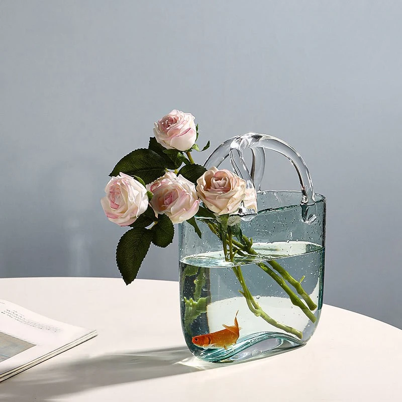 Small Glass Handbag Vase with Unique Hydroponic Container Art Deco Style Tabletop Terrarium for Home Decor Wedding Decoration