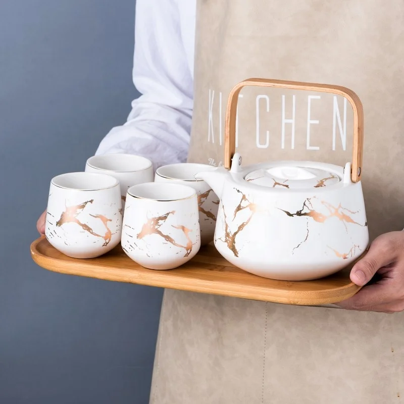 New Designs Marble Pattern Porcelain 6 Pieces Coffee Cup Ceramic Tea Pot Set