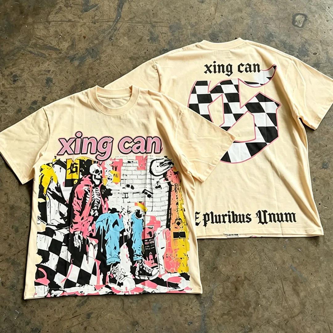 T-shirt do stylu streetwear z wieloetapowym procesem produkcji, męski, ciężki bawełniany model oversize, druk cyfrowy DTG oraz przetwarzanie typu washed i distressed, krótki rękaw