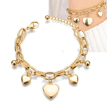Fashion Gold Plated Never Rusted Stainless Steel Double Layer Link Chain Heart and Life Tree Pendant Couple Bracelets