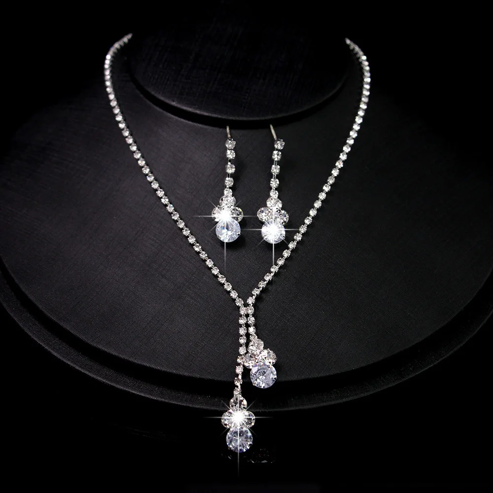 Korean Style Simple Silver Two-Piece Fashion Jewelry Set Zircon Necklace Earrings for Bride Wedding Anniversary Banquet Dress