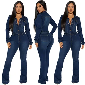 GX3568 Fashion Autumn Women Clothing Boutique Bodysuit Long Sleeve Denim Unique One Piece Sexy Jeans Jumpsuit
