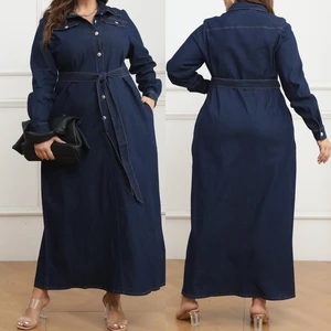 Y218319 High-quality Autumn Plus Size Jeans Dresses Women Casual Turn-down Collar Washed Long Maxi Dresses Women Denim Dress