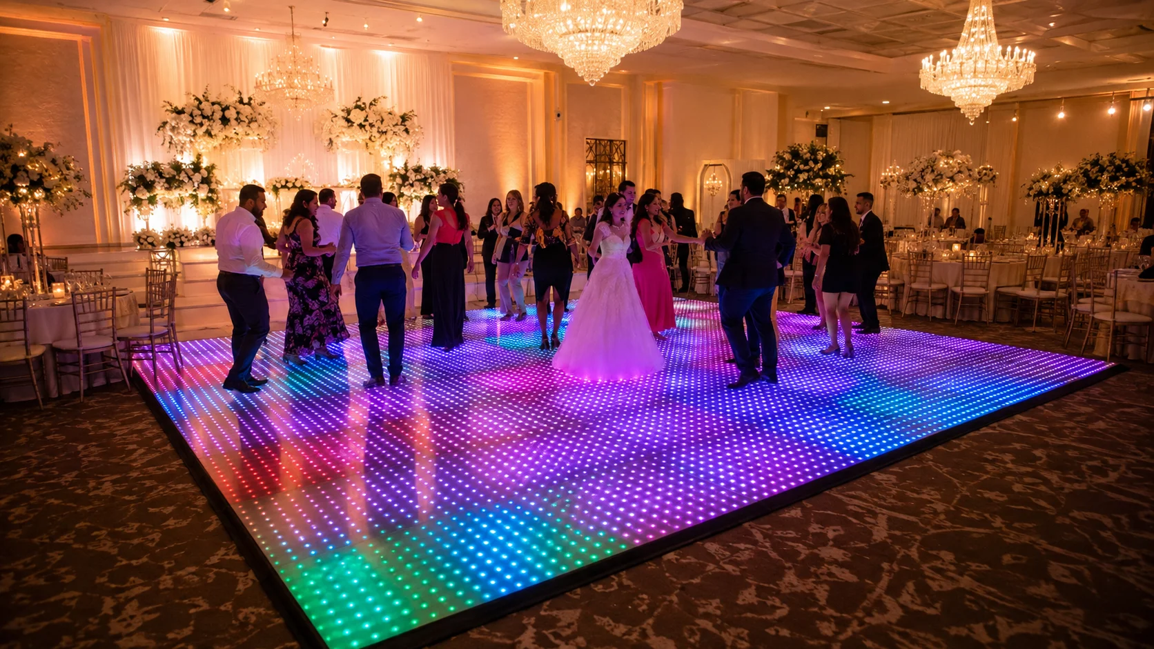 Magnetic RGB LED dance floor fully set up at a wedding venue with guests dancing