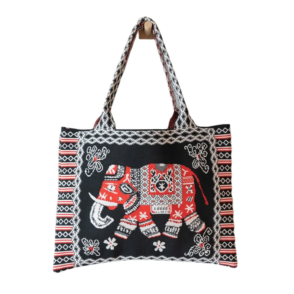 Southeast Asian National Style Elephant Pattern Womens  Knitted Tote Handbag