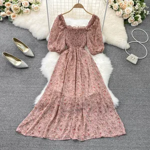 Summer 2025 New square Collar Floral Chiffon Casual Jumpsuit Floral Skirt A-line Dress