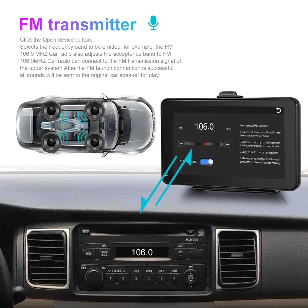 Podofo 7'' Portable Car Radio Stereo Autoradio Wireless Carplay Android Auto Wifi BT Touch Screen Smart Monitor Tablet TV