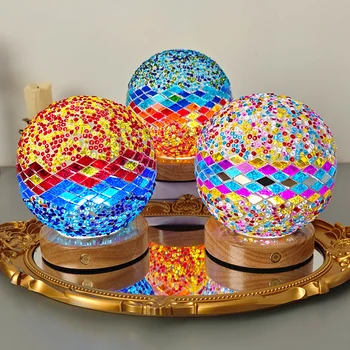 China's Luxury Mediterranean LED Table Lamp Decorative Glass Mosaic Wooden Stand Night Light for Bedroom Battery Batch Spot New