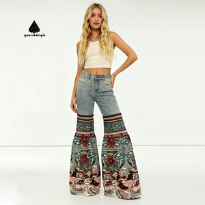 High Quality Para Mujer Jeans Pant Manufacturer Custom True Religion Designer Splicing Flare Leg Jeans Femme Trousers for Women