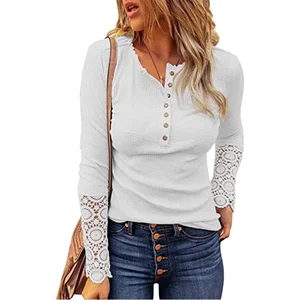 Explosive Round Neck Patchwork Lace Sleeve Loose Solid Color Long Sleeved T-shirt