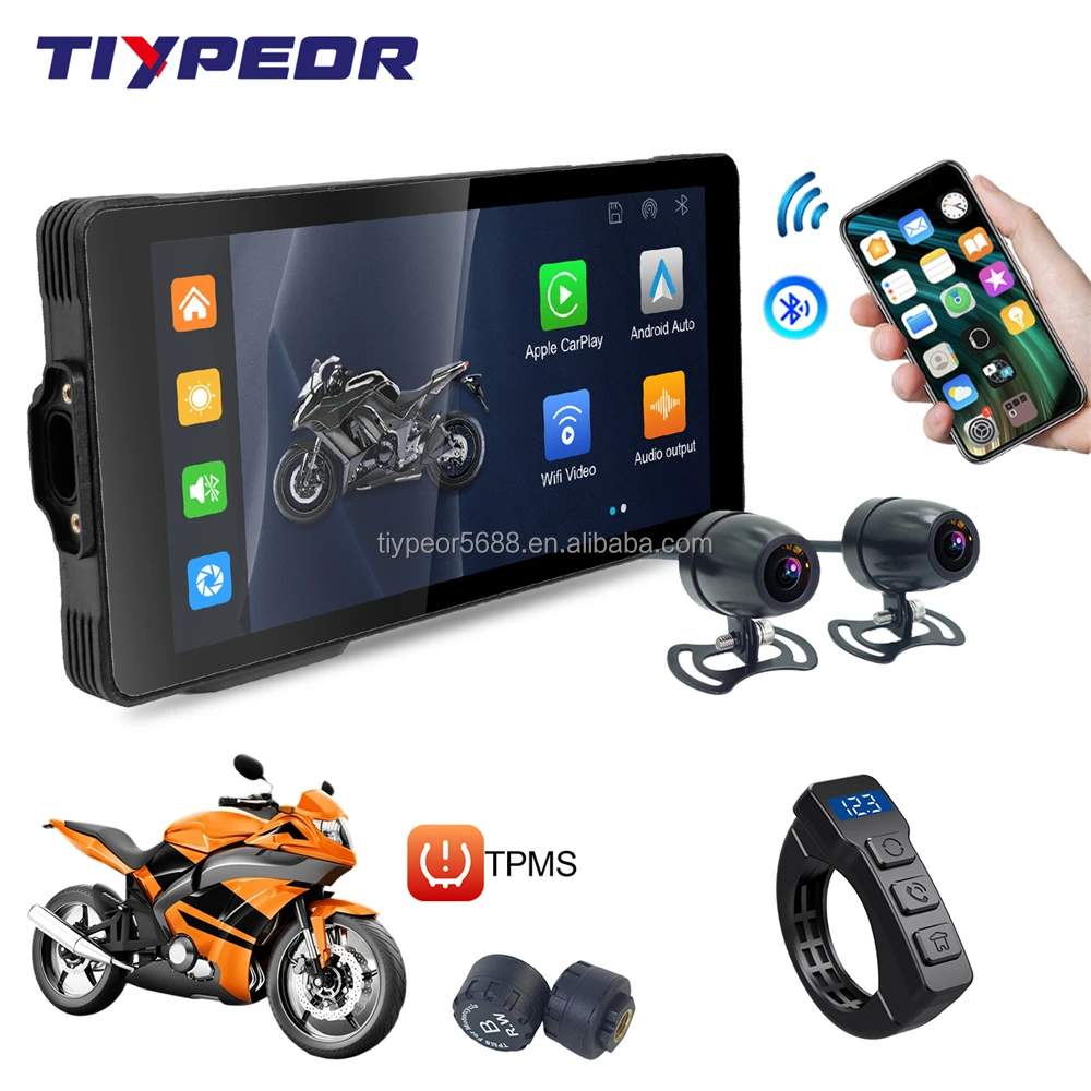 product tiypeor motorcycle wireless carplay android auto player with dvr loop record ips touch screen monitor bt wifi connection tpms-4