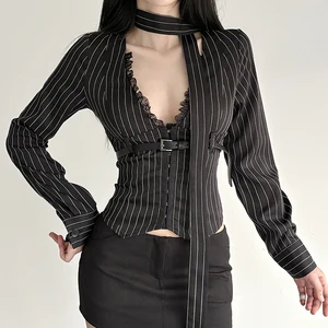 Custom High Quality  Sexy Deep V-Neck Women's Blouse with Bow Tie Detail Black  Long Sleeve