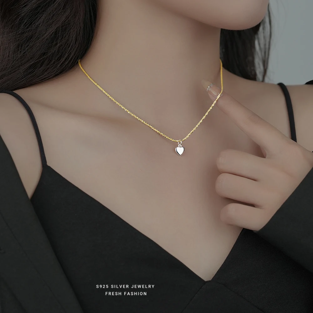 Trending Two Tone Color Plating Necklace Jewelry 925 Sterling Silver Shine Chain Heart Pendant Necklace for Women