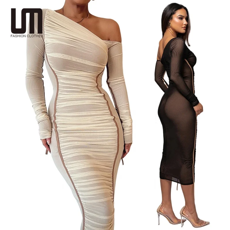 Liu Ming Spring Summer Collection Elegant Long Sleeved Vintage French Backless Bodycon Dress Ruched Empire Lace Breathable