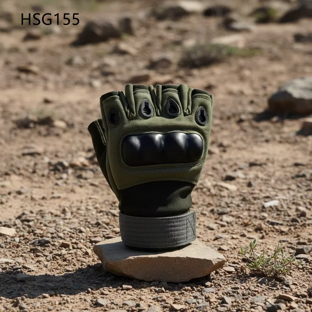 HY,outdoor Survival Knuckle Protection Green Tactical Gear Gloves Off-road Combat Hard Wearing Hunting Fingerless Gloves HSG155