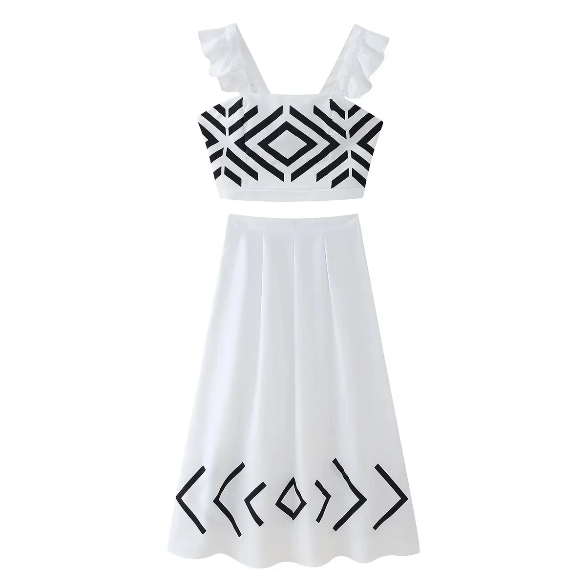 TWOTWINSTYLE Vintage Two Piece Set Short Tops High Waist a Line Long Skirts Sets for Women