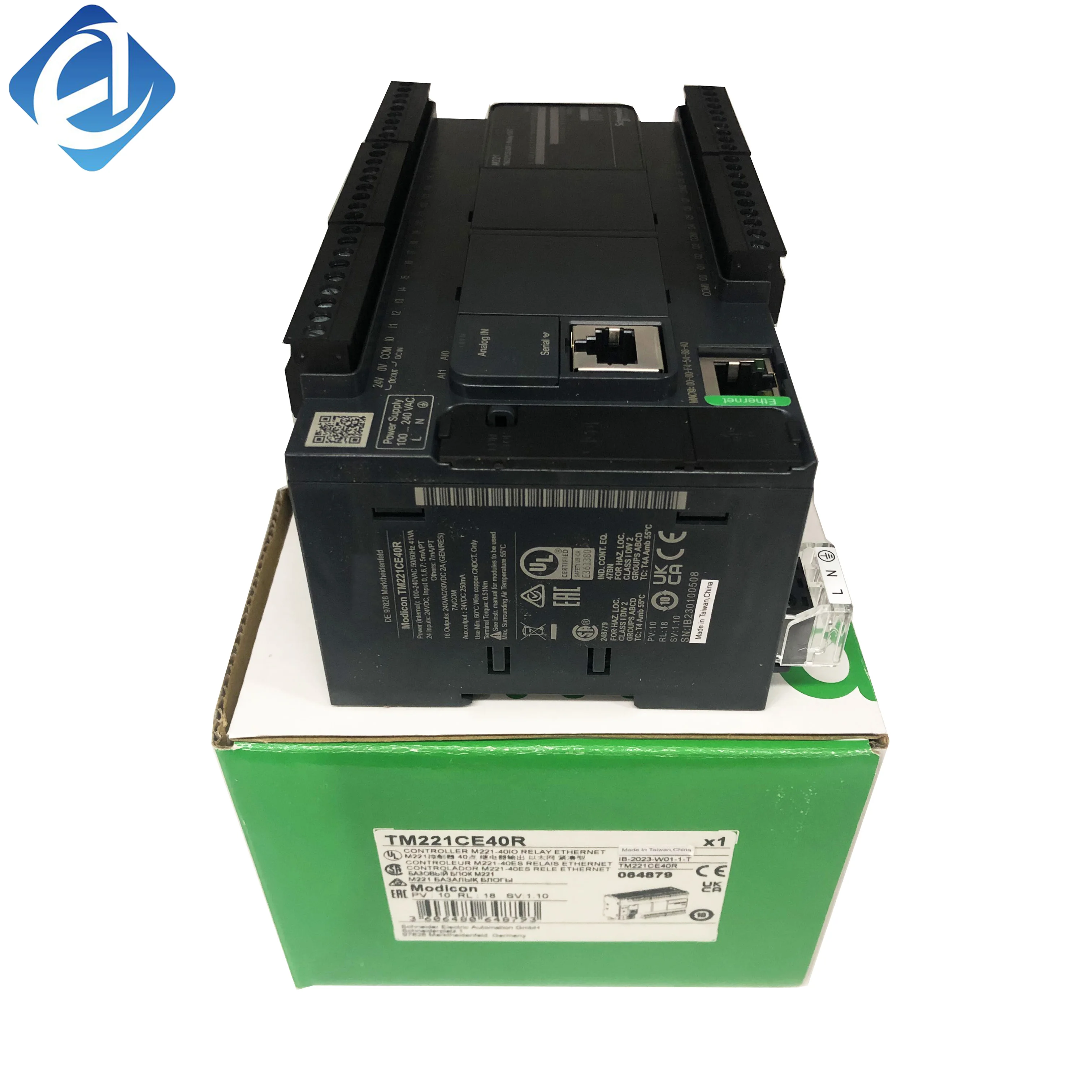 New Original TM221CE40R is a Modicon M221 series compact PLC. It features 40 I/O points, relay output and built-in Ethernet interface. Offering stable logic control, simple programming and reliable communication