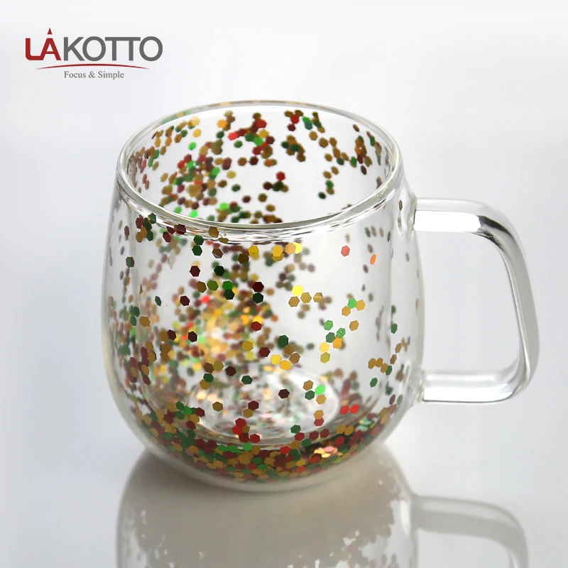 Free Sample Glassware Custom Logo High Borosilicate Double Wall Glass Cup Double Wall Glass Coffee Cup with Glitter
