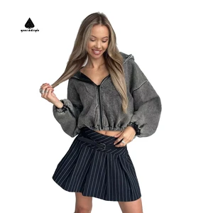 Custom Women's Vintage Washed Cropped Hoodie Long Puff Sleeve Zip up Casual Loose Fit Streetwear Fashion Short Sweatshirt