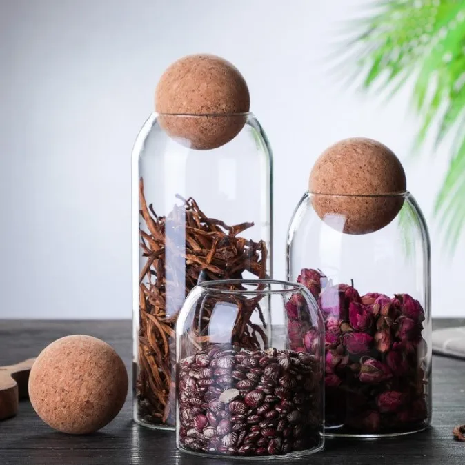 Transparent Borosilicate Glass Storage Jar Cork Ball Lid Stopper 500ml 800ml 1200ml Capacities Safe Fresh Food Container Bamboo