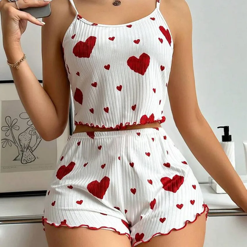 2024 European and American Women's Knitted Pit Stripe Print Sweet Camisole Shorts Pajamas