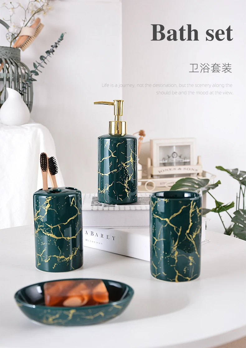 Retro Style Dark Green Marble Bathroom Ceramic Hand Wash Bottles Four ...
