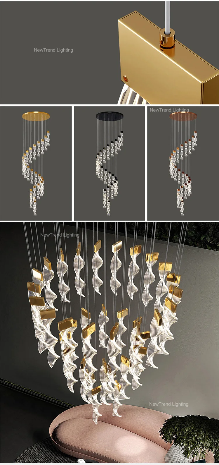 pd8008 large modern acrylic ring chandelier high ceiling spiral led pendant for villa staircase-2